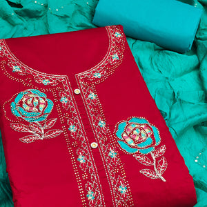 Pink Pure Cotton Dress Material Adorned With Floral Embroidery & Sparkling Swarovski