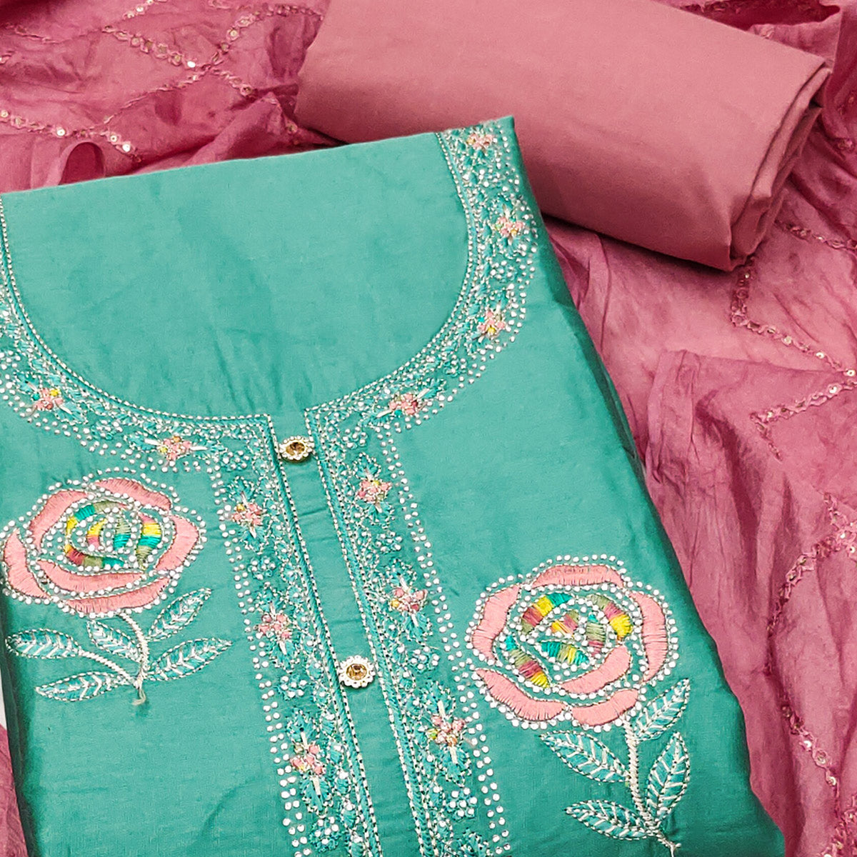 Turquoise Pure Cotton Dress Material Adorned With Floral Embroidery & Sparkling Swarovski
