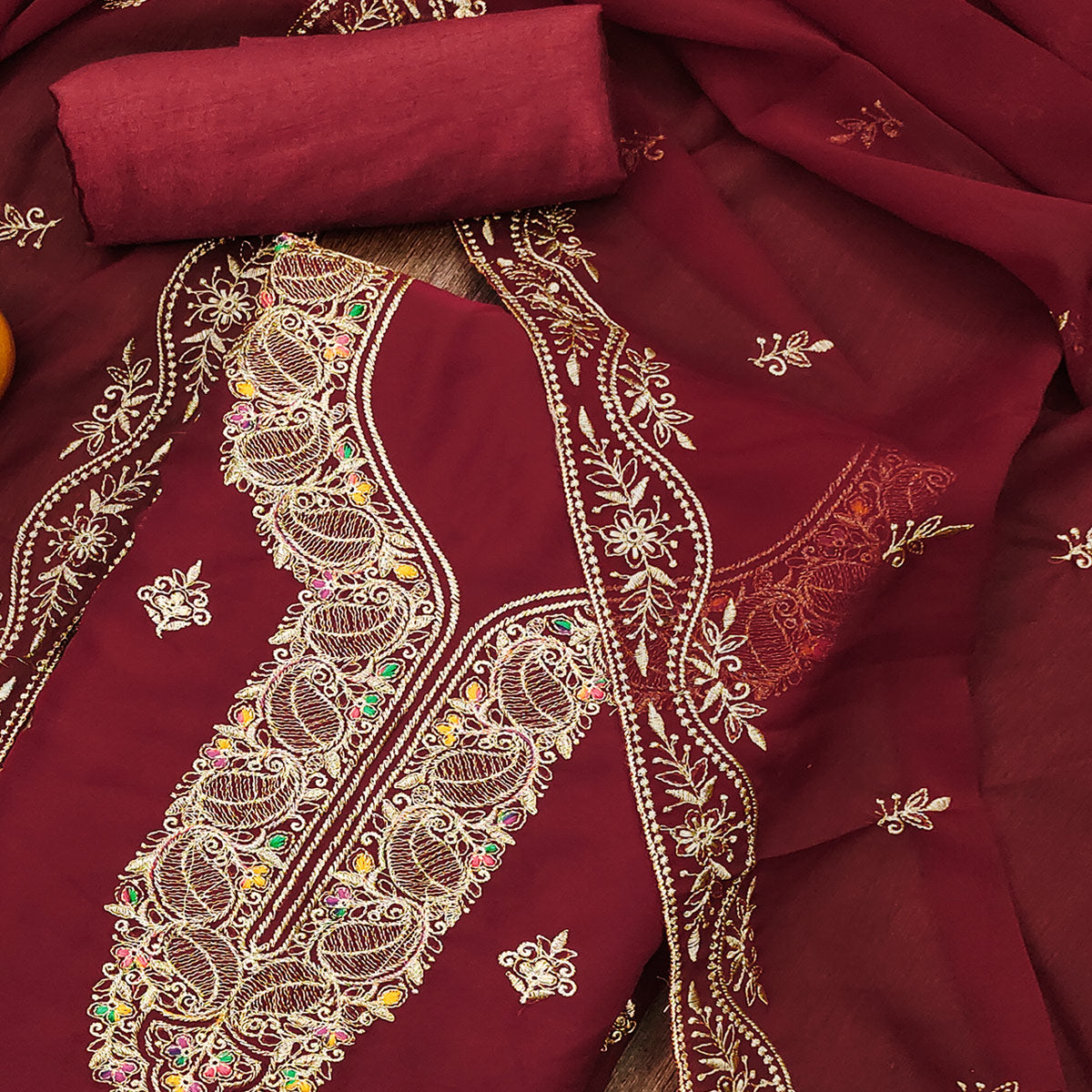 Maroon Floral Embroidered Georgette Dress Material