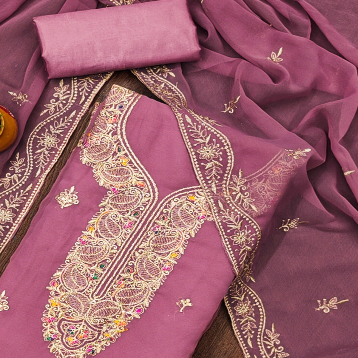 Pink Floral Embroidered Georgette Dress Material