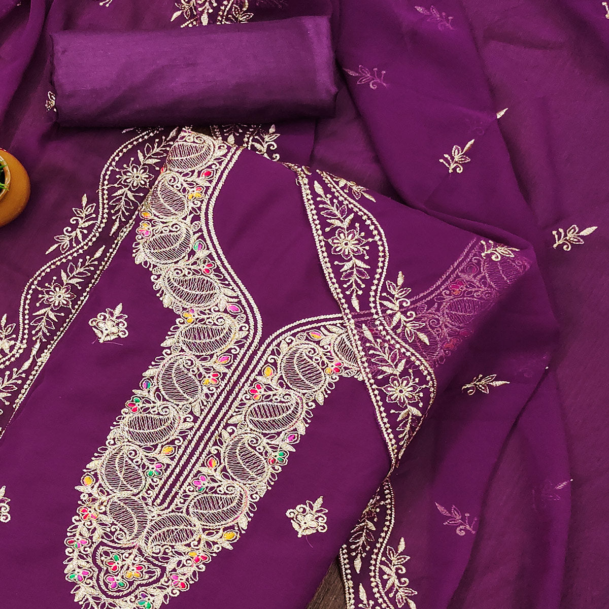 Purple Floral Embroidered Georgette Dress Material