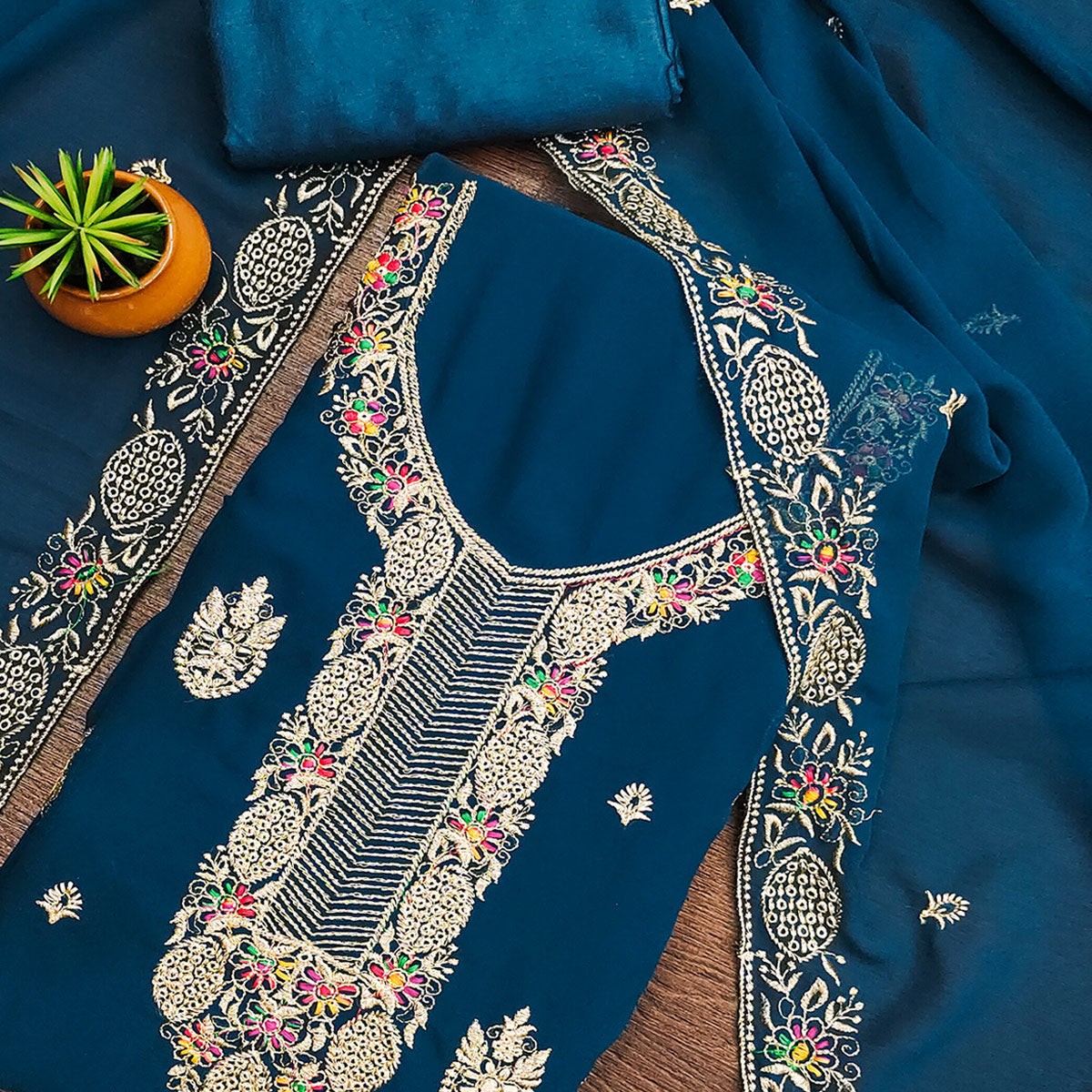 Blue Designer Georgette Dress Material Adorned With Intricate Floral Embroidery