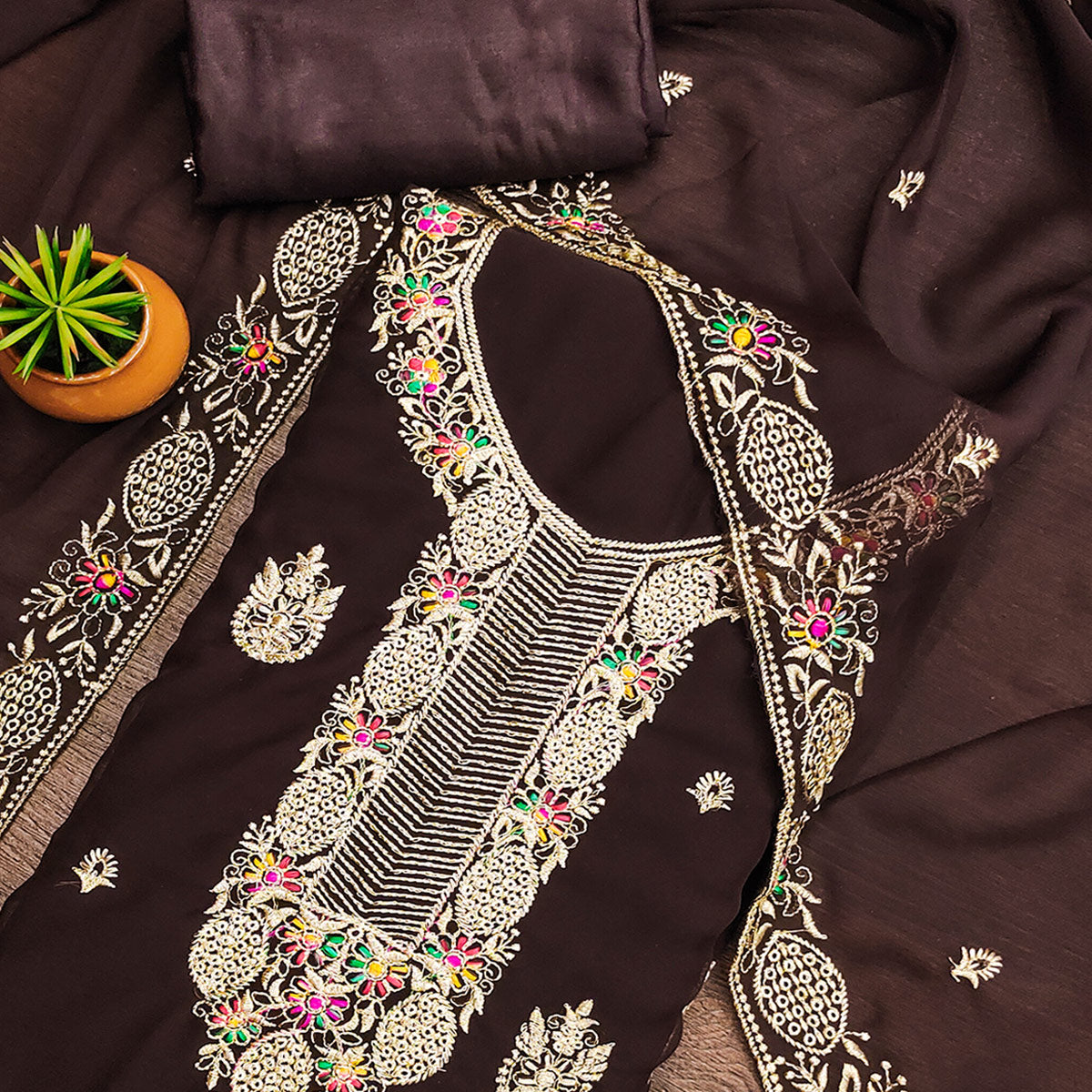 Brown Designer Georgette Dress Material Adorned With Intricate Floral Embroidery
