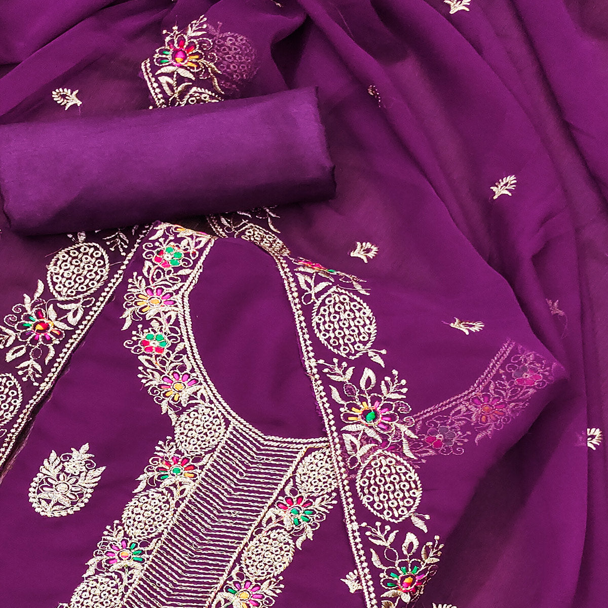 Purple Floral Embroidered Georgette Dress Material