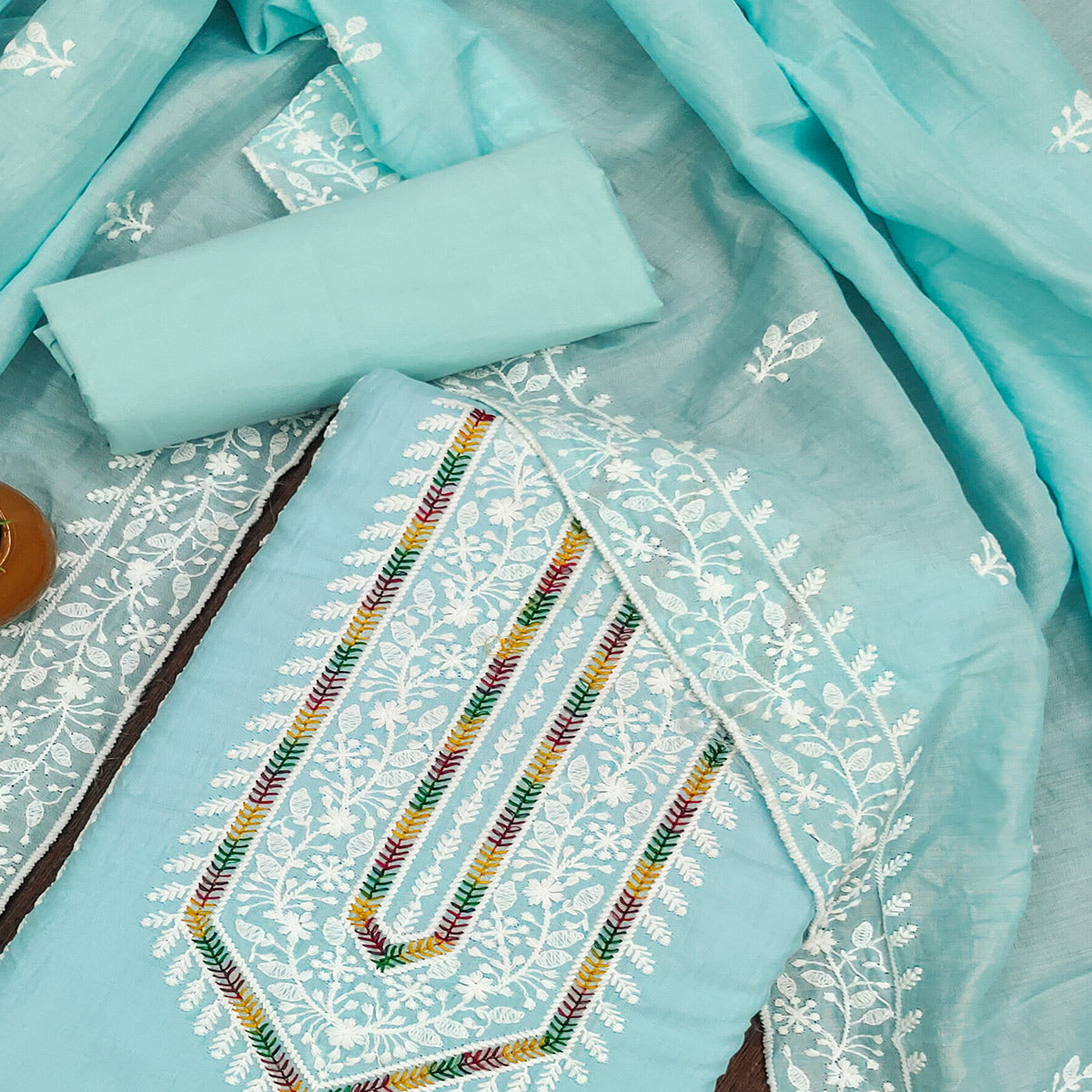 Blue Floral Embroidered Cotton Silk Dress Material