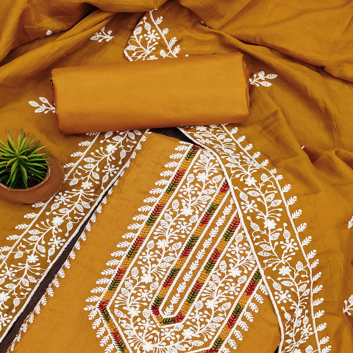 Mustard Floral Embroidered Cotton Silk Dress Material