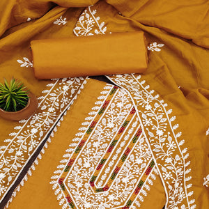 Mustard Floral Embroidered Cotton Silk Dress Material