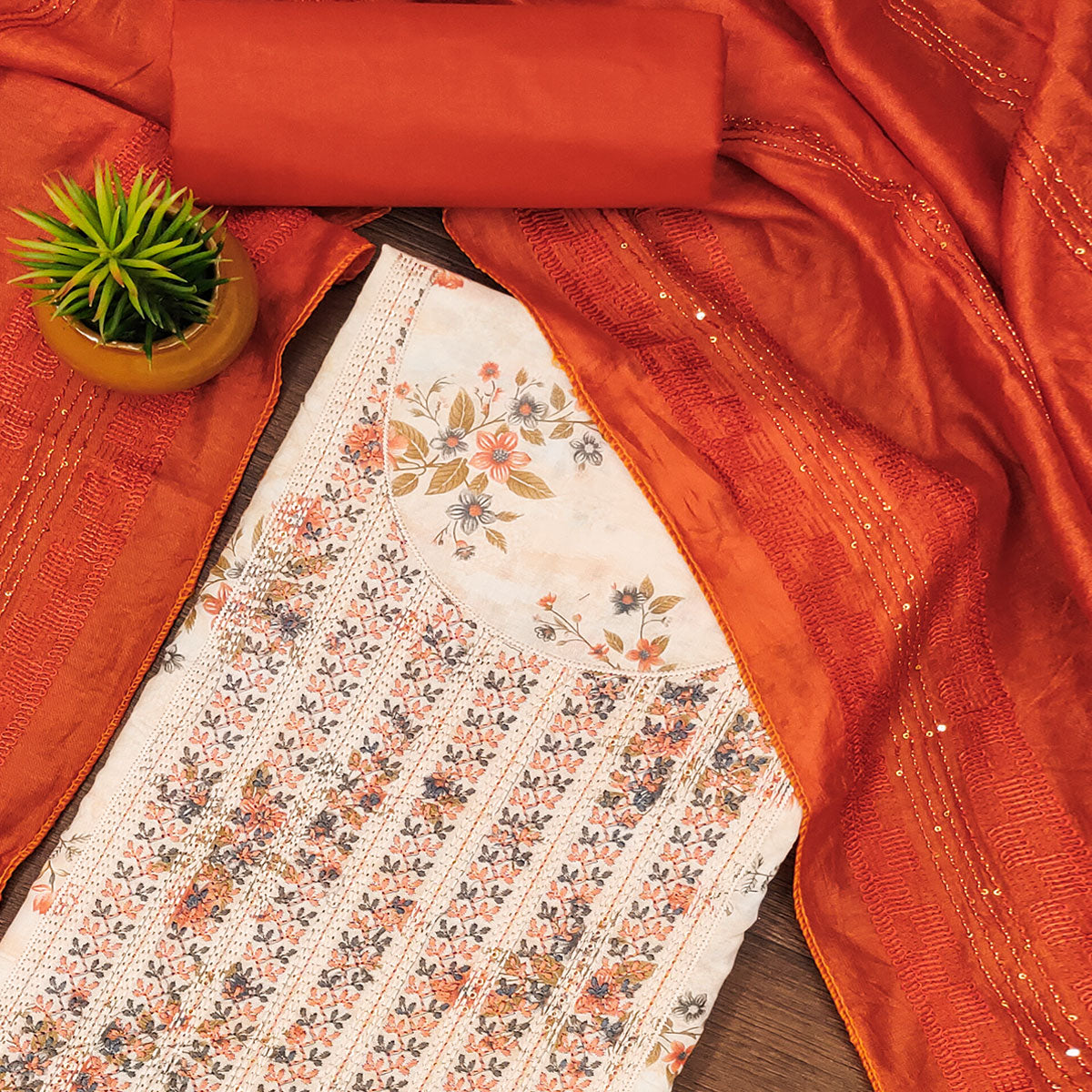 White & Orange Cotton Blend Dress Material With Floral Digital Print & Embroidery