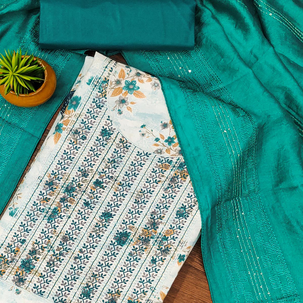White & Teal Cotton Blend Dress Material With Floral Digital Print & Embroidery