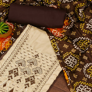 Beige Cotton Silk Dress Material With Delicate Floral Sequin Embroidery