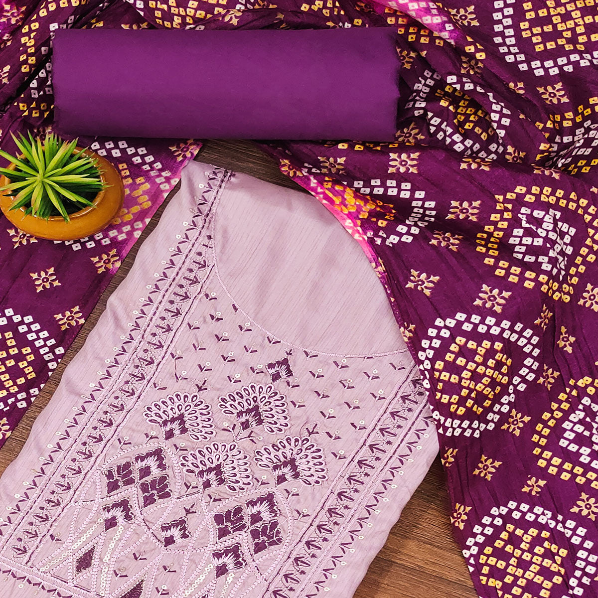 Lavender Cotton Silk Dress Material With Delicate Floral Sequin Embroidery