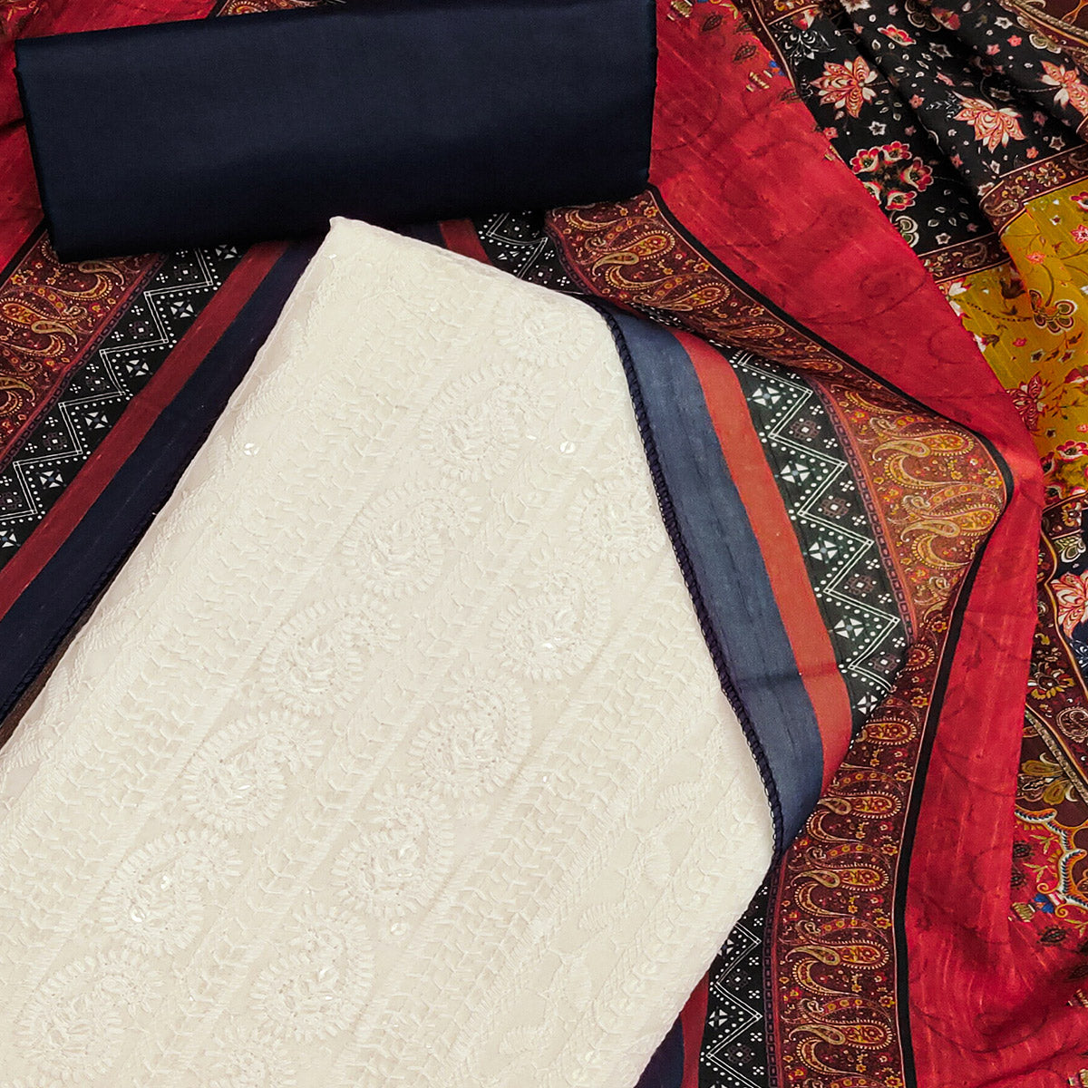 White & Blue Cotton Blend Dress Material With Elegant Schiffli & Sequins Work