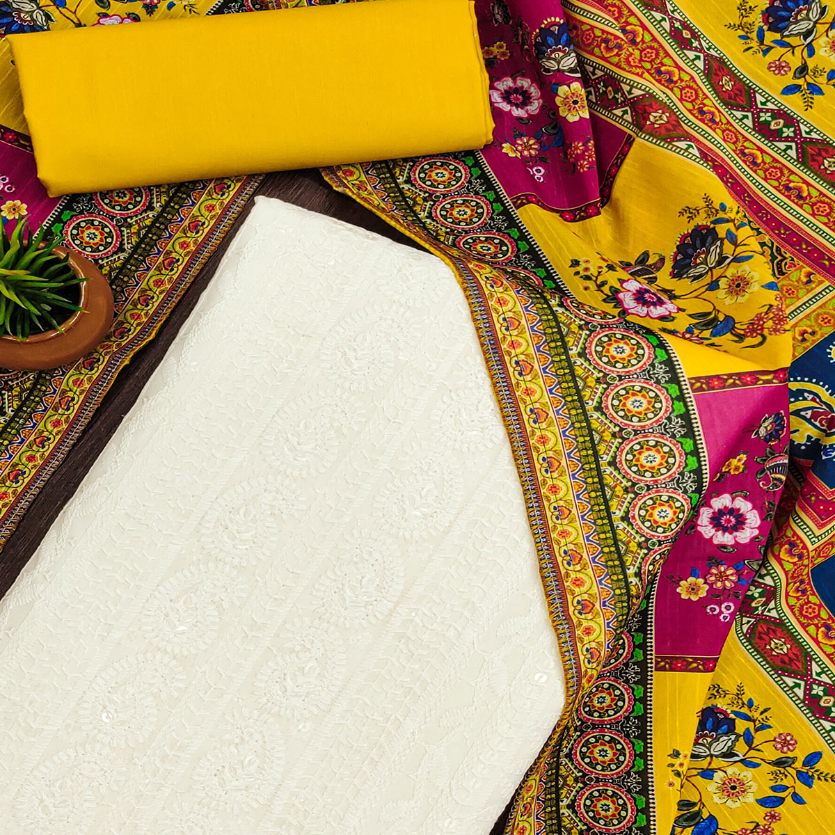 \White & Yellow Cotton Blend Dress Material With Elegant Schiffli & Sequins Work