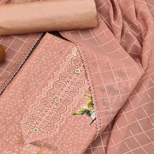 Dusty Peach Schiffli Embroidered Cotton Blend Dress Material With Floral Digital Print