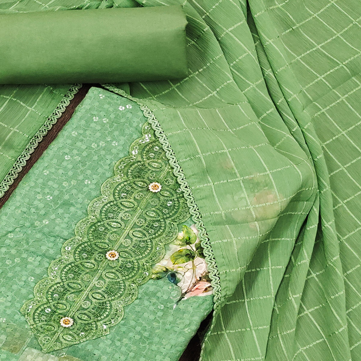 Green Schiffli Embroidered Cotton Blend Dress Material With Floral Digital Print