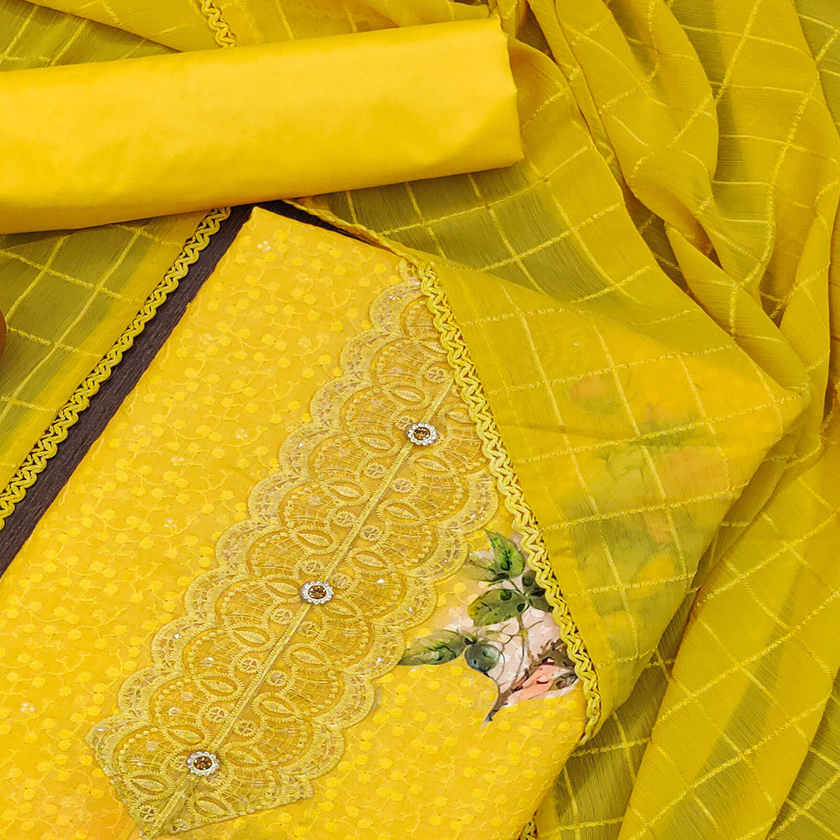 Yellow Schiffli Embroidered Cotton Blend Dress Material With Floral Digital Print