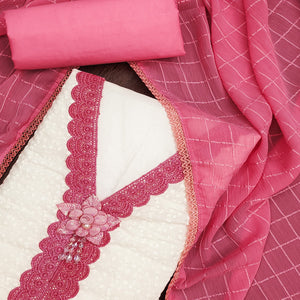 White & Pink Cotton Blend Dress Material With Elegant Schiffli & Sequins Work