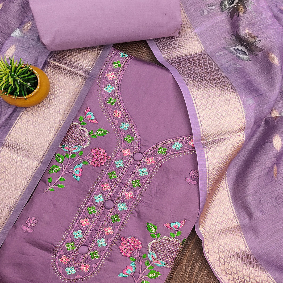 Elegant Lavender Pure Cotton Dress Material Showcasing Fine Floral Embroidery & Swarovski Work