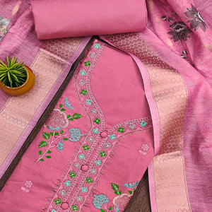Elegant Pink Pure Cotton Dress Material Showcasing Fine Floral Embroidery & Swarovski Work
