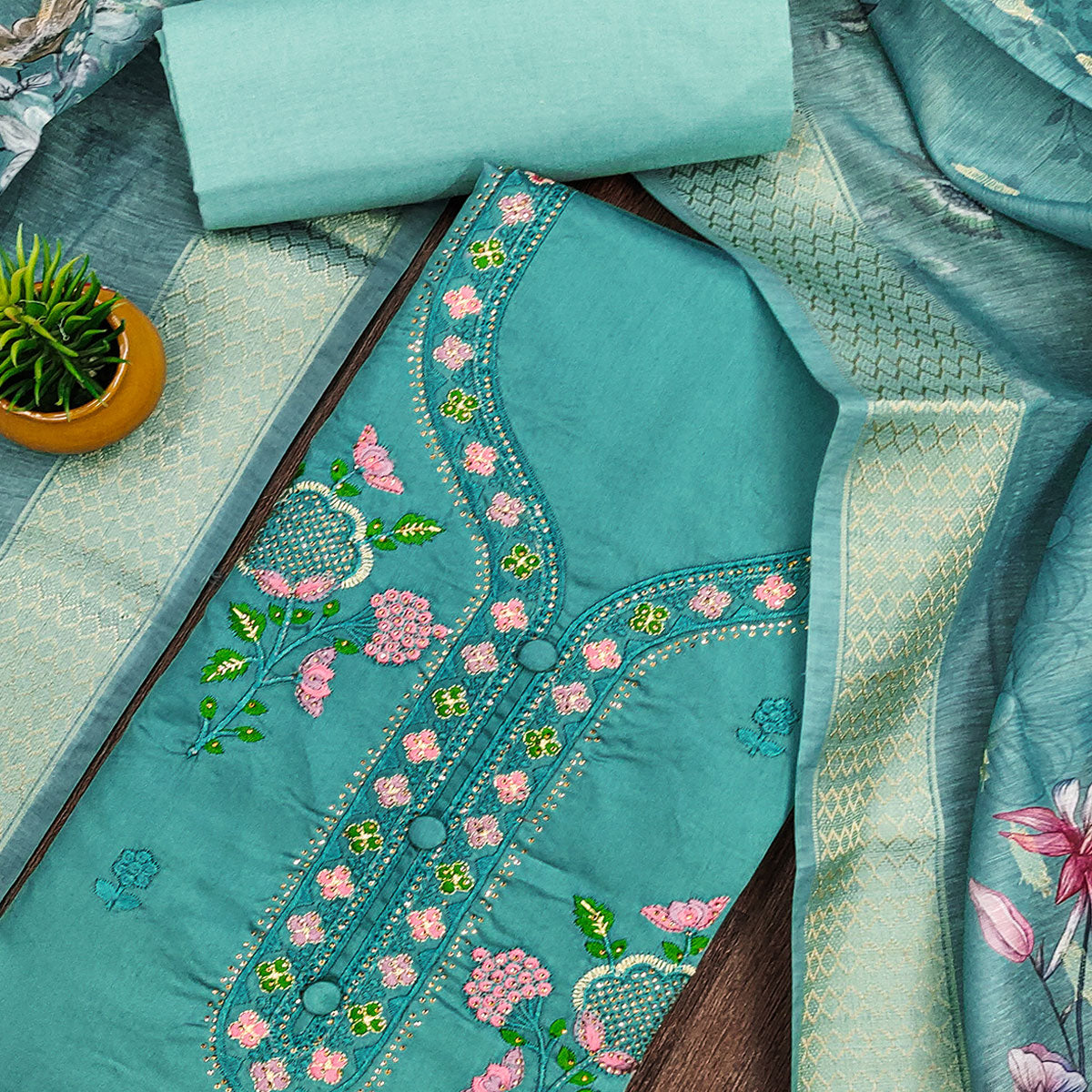 Elegant Turquoise Pure Cotton Dress Material Showcasing Fine Floral Embroidery & Swarovski Work