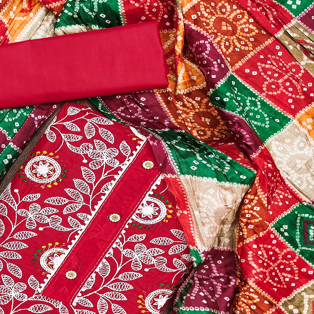 Red Floral Embroidered Cotton Blend Dress Material