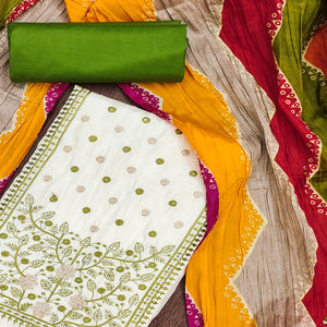 Cream & Green Floral Sequins Embroidered Cotton Silk Dress Material