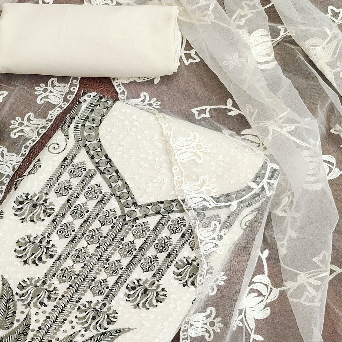 White & Black Schiffli Embroidered Georgette Dress Material With Floral Digital Print