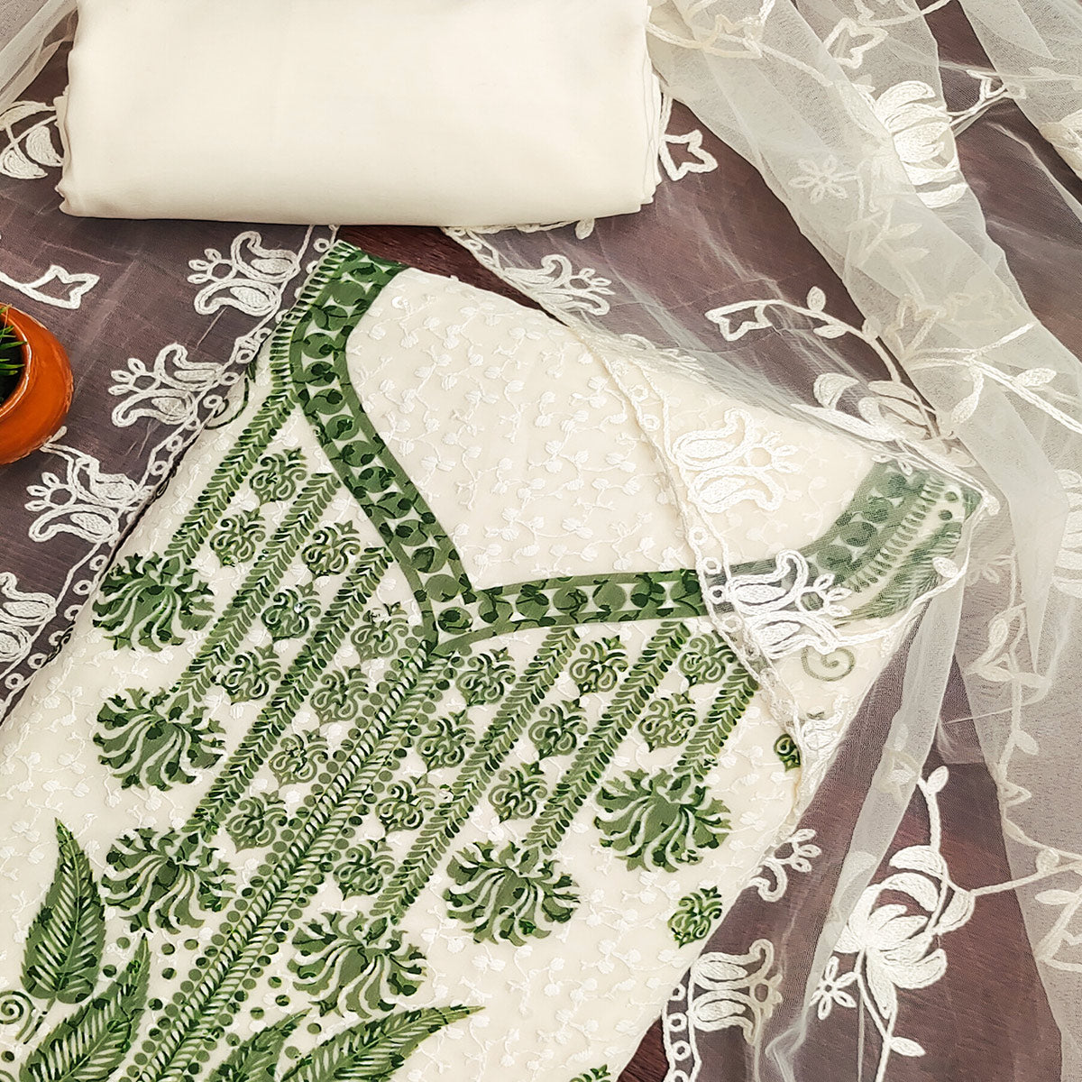 White & Green Schiffli Embroidered Georgette Dress Material With Floral Digital Print