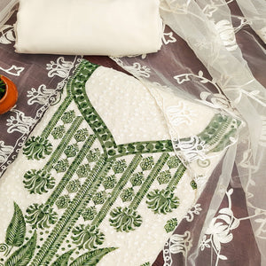 White & Green Schiffli Embroidered Georgette Dress Material With Floral Digital Print