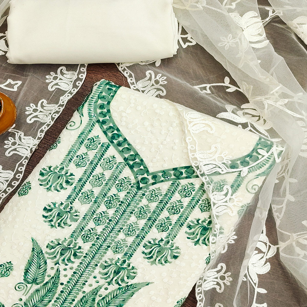 White & Rama Green Schiffli Embroidered Georgette Dress Material With Floral Digital Print