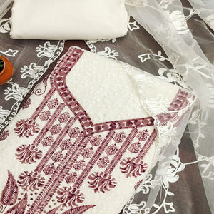 White & Wine Schiffli Embroidered Georgette Dress Material With Floral Digital Print