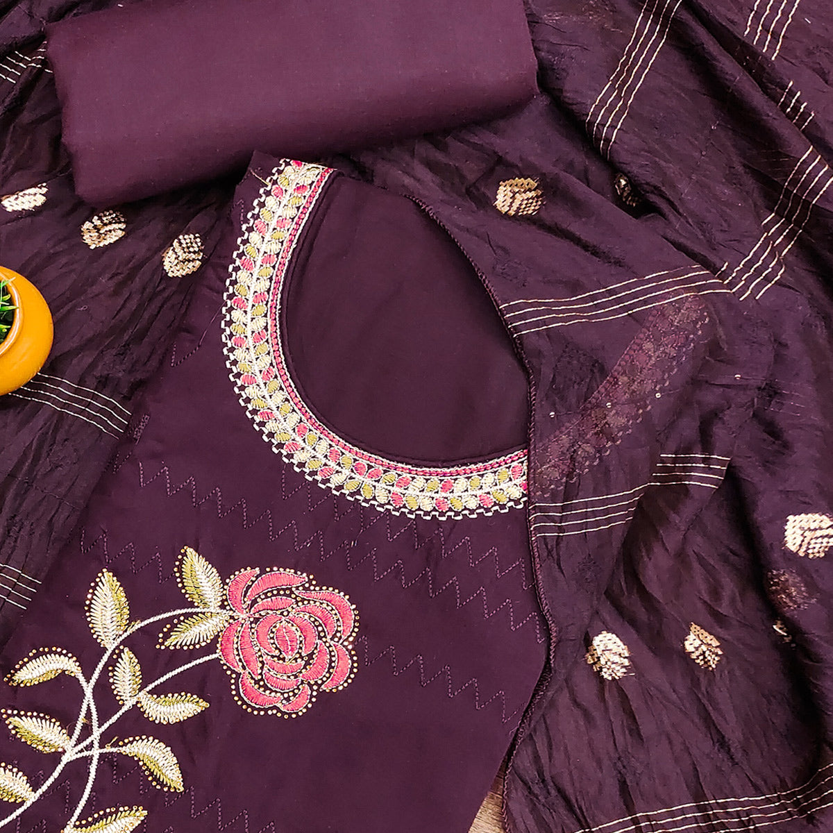 Wine Cotton Blend Dress Material Adorned With Swarovski Accents and Floral Threadwork