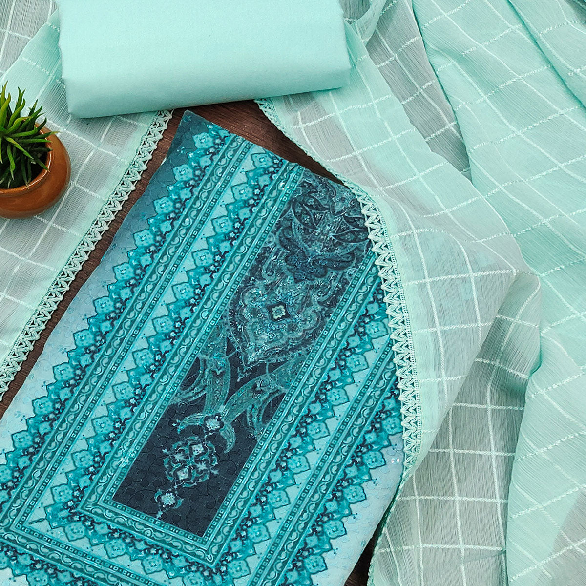 Blue Cotton Blend Dress Material With Elegant Schiffli Work & Artistic Digital Print