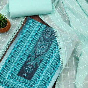 Blue Cotton Blend Dress Material With Elegant Schiffli Work & Artistic Digital Print