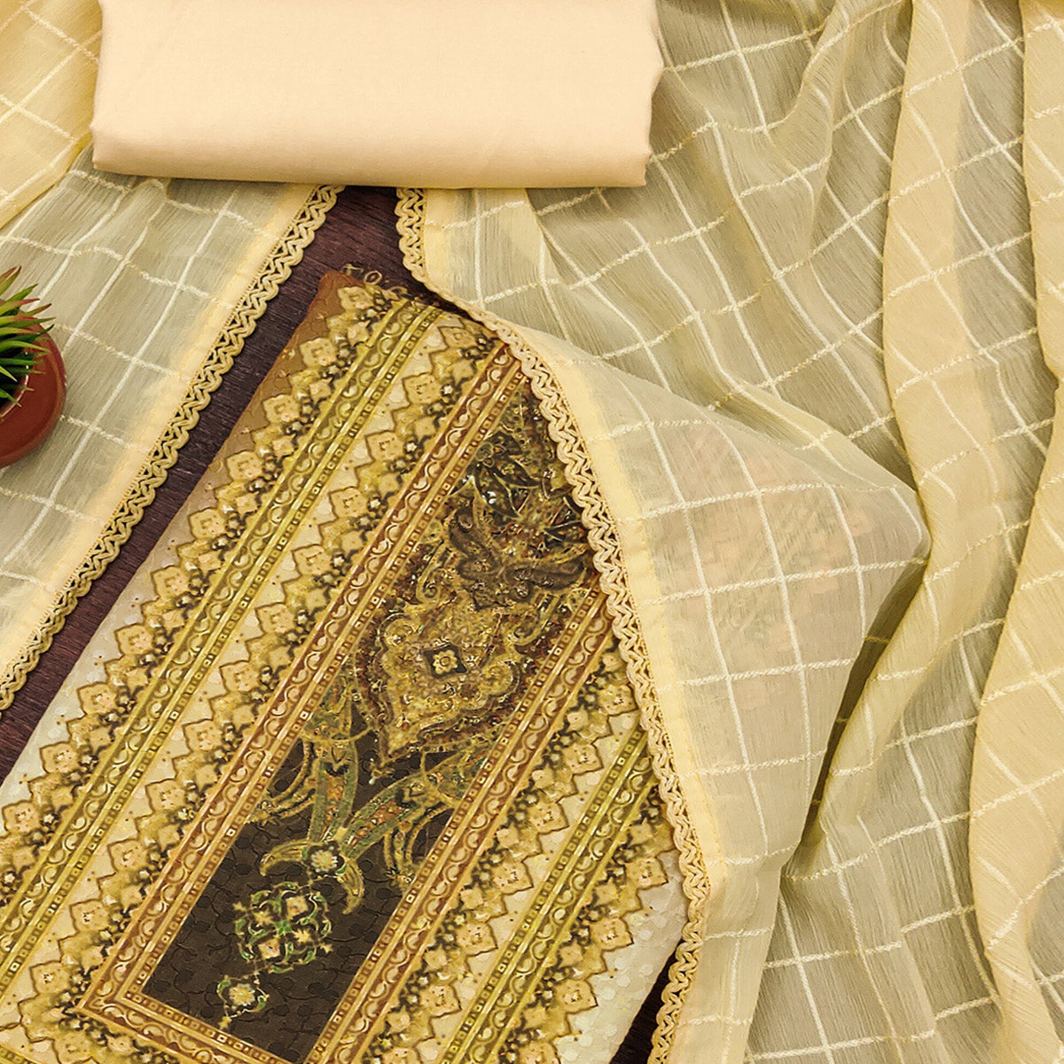 Yellow Cotton Blend Dress Material With Elegant Schiffli Work & Artistic Digital Print