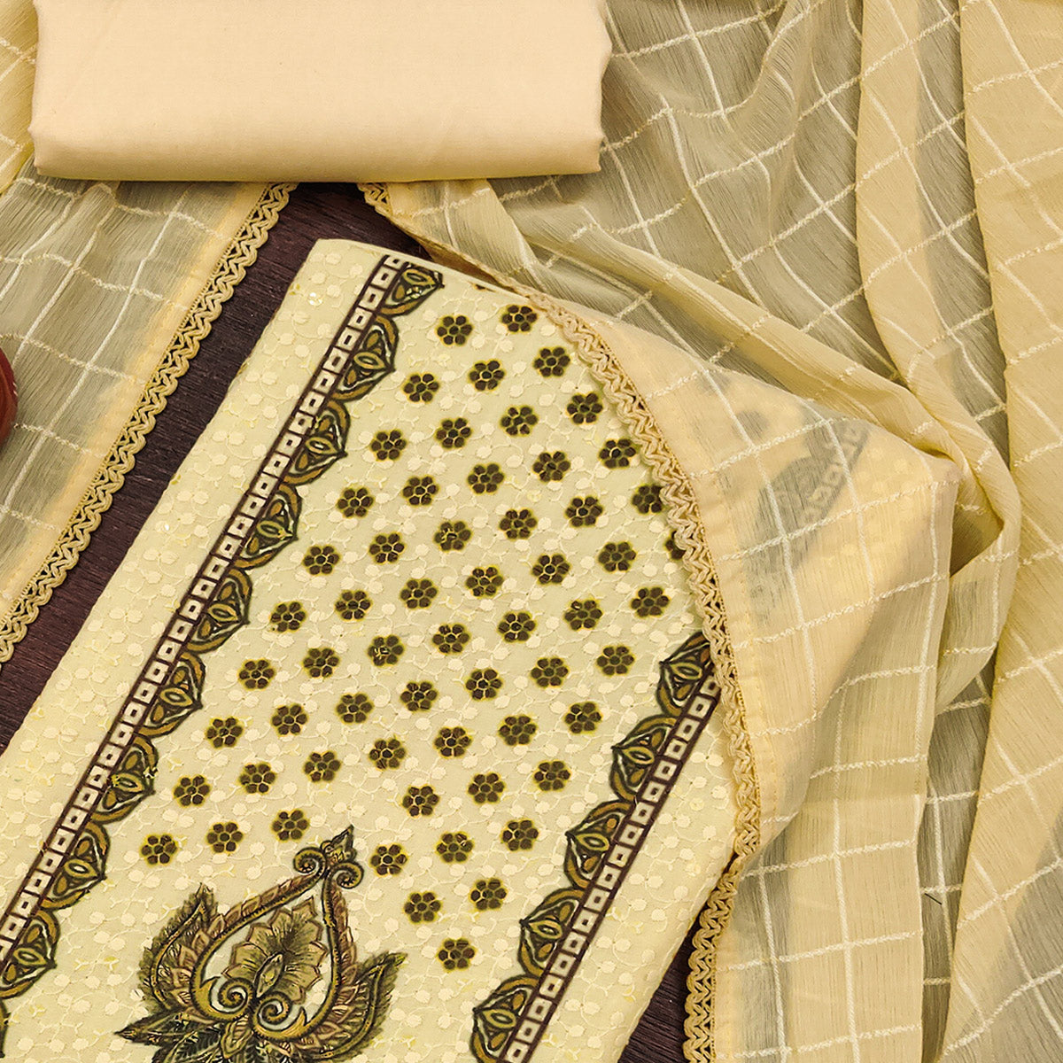 Yellow Schiffli Embroidered Cotton Blend Dress Material With Floral Digital Print