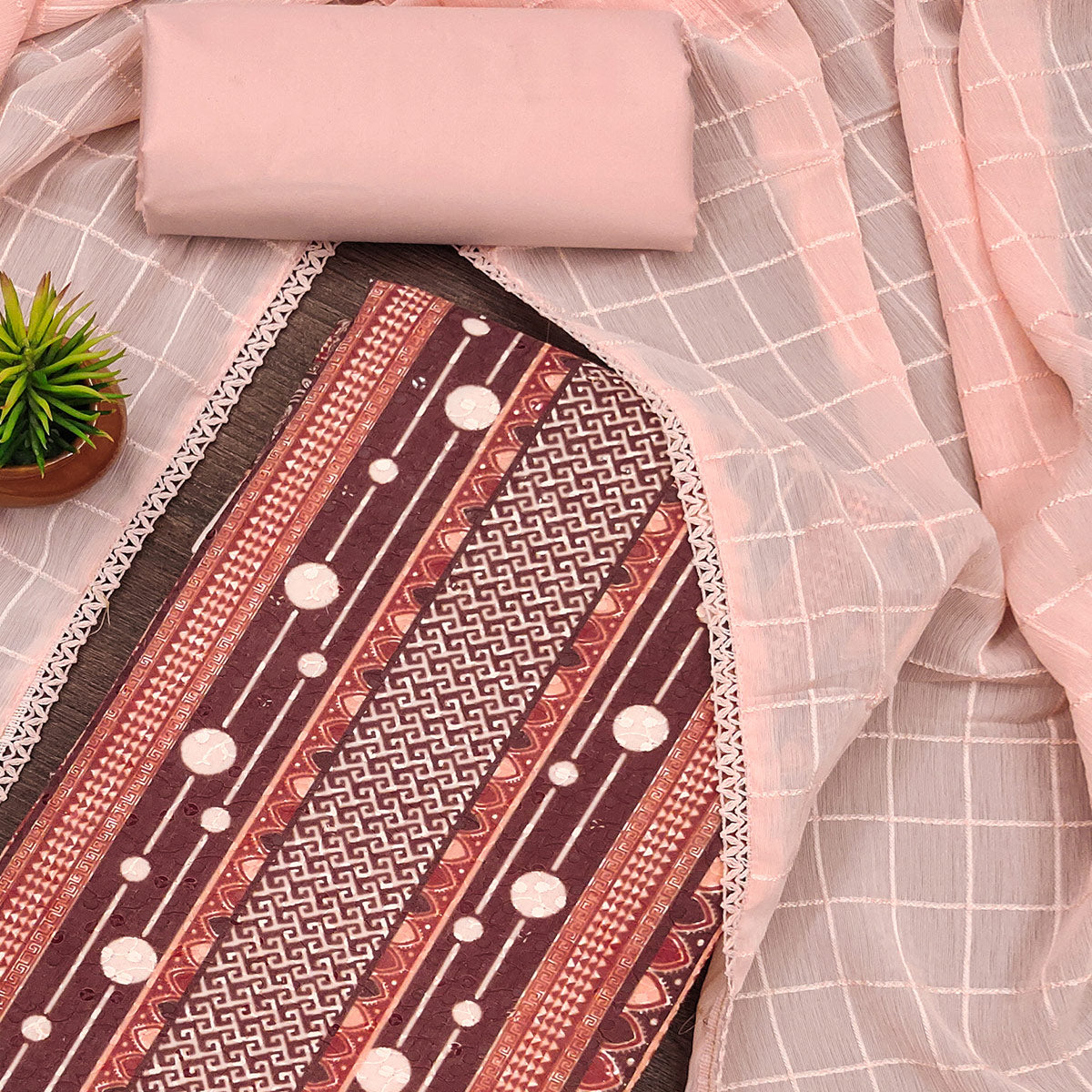 Peach Cotton Blend Dress Material With Schiffli Embroidery & Floral Digital Print