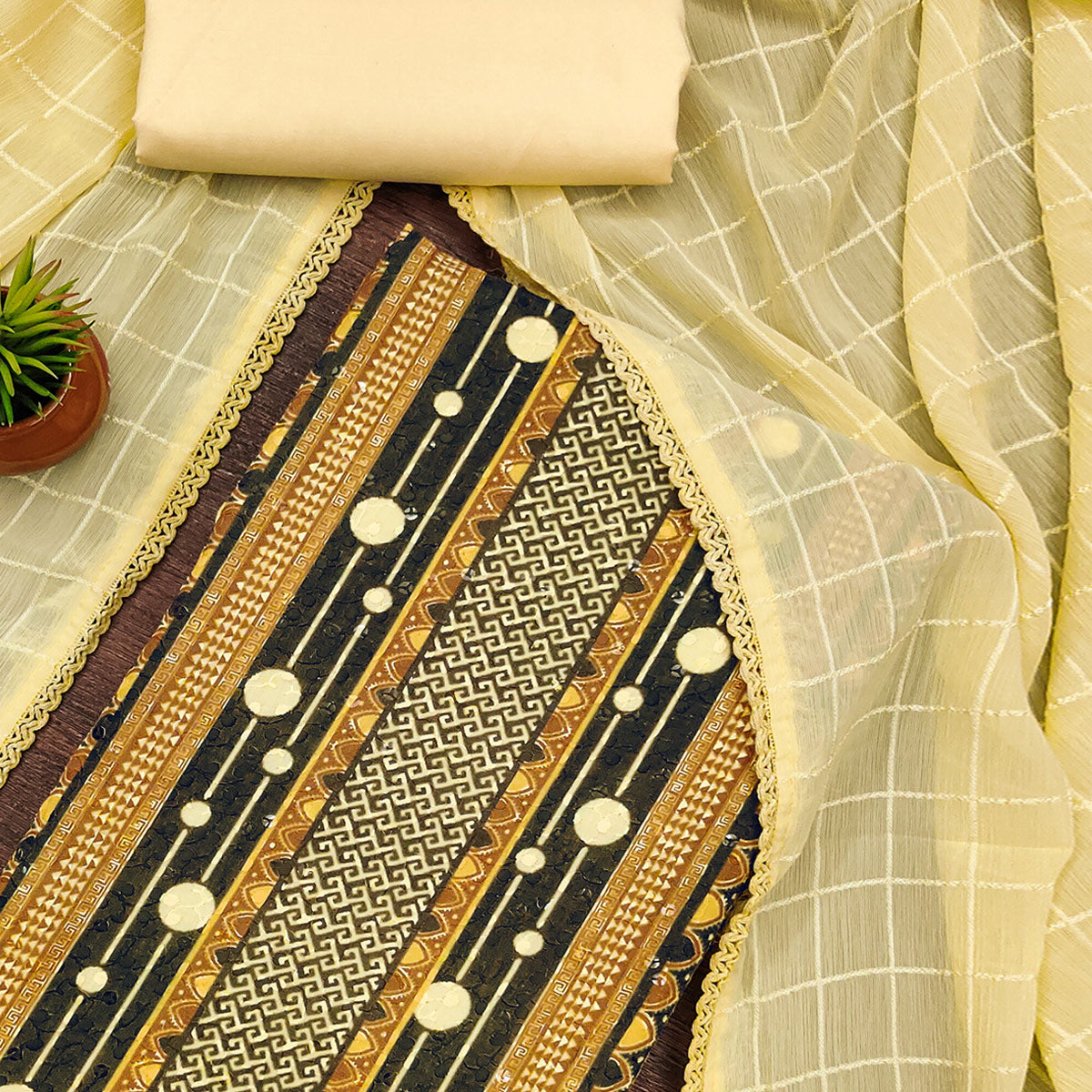 Yellow Cotton Blend Dress Material With Schiffli Embroidery & Floral Digital Print