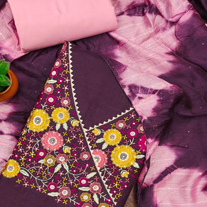 Wine Cotton Blend Dress Material With Floral Thread Embroidery