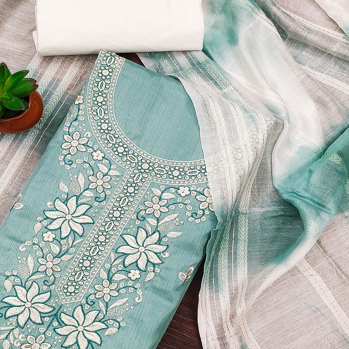 Blue Floral Sequins Embroidered Cotton Silk Dress Material