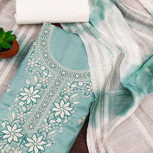 Blue Floral Sequins Embroidered Cotton Silk Dress Material