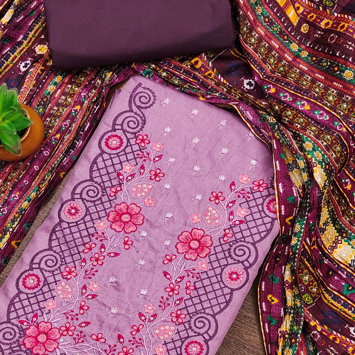 Purple Floral Sequins Embroidered Cotton Silk Dress Material