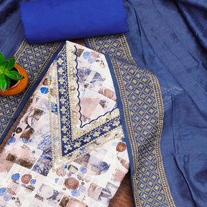 Blue Digital Printed Cotton Blend Dress Material With Intricate Neck Embroidery