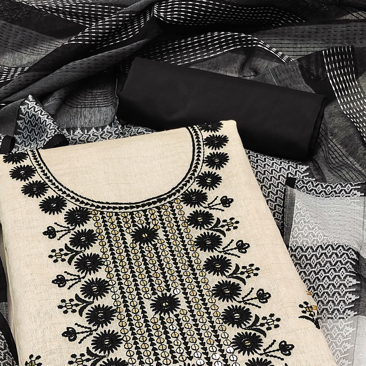 Cream & Black Floral Sequins Embroidered Cotton Blend Dress Material
