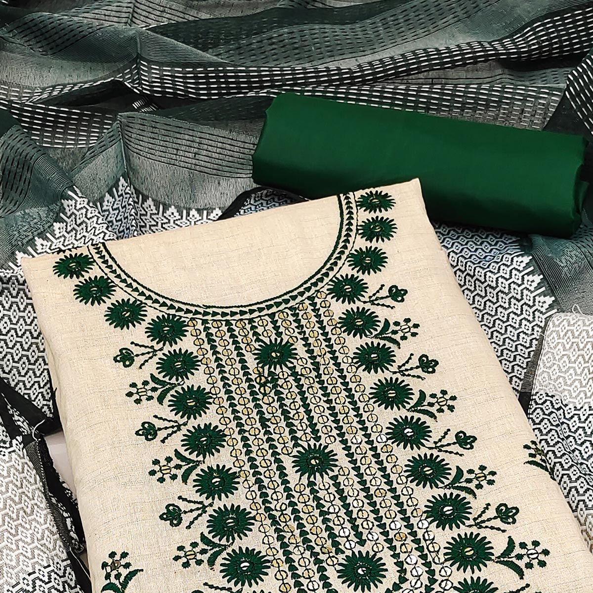Cream & Green Floral Sequins Embroidered Cotton Blend Dress Material