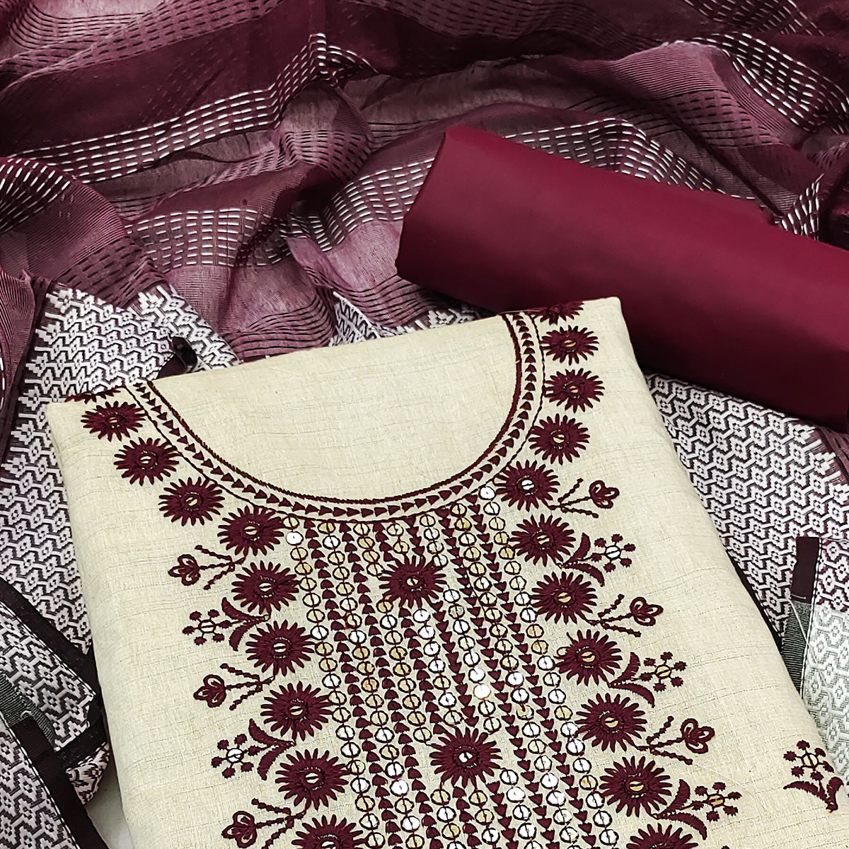 Cream & Maroon Floral Sequins Embroidered Cotton Blend Dress Material