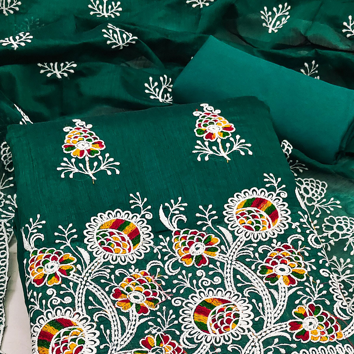 Bottle Green Chanderi Cotton Dress Material with Elegant Floral Thread Embroidery