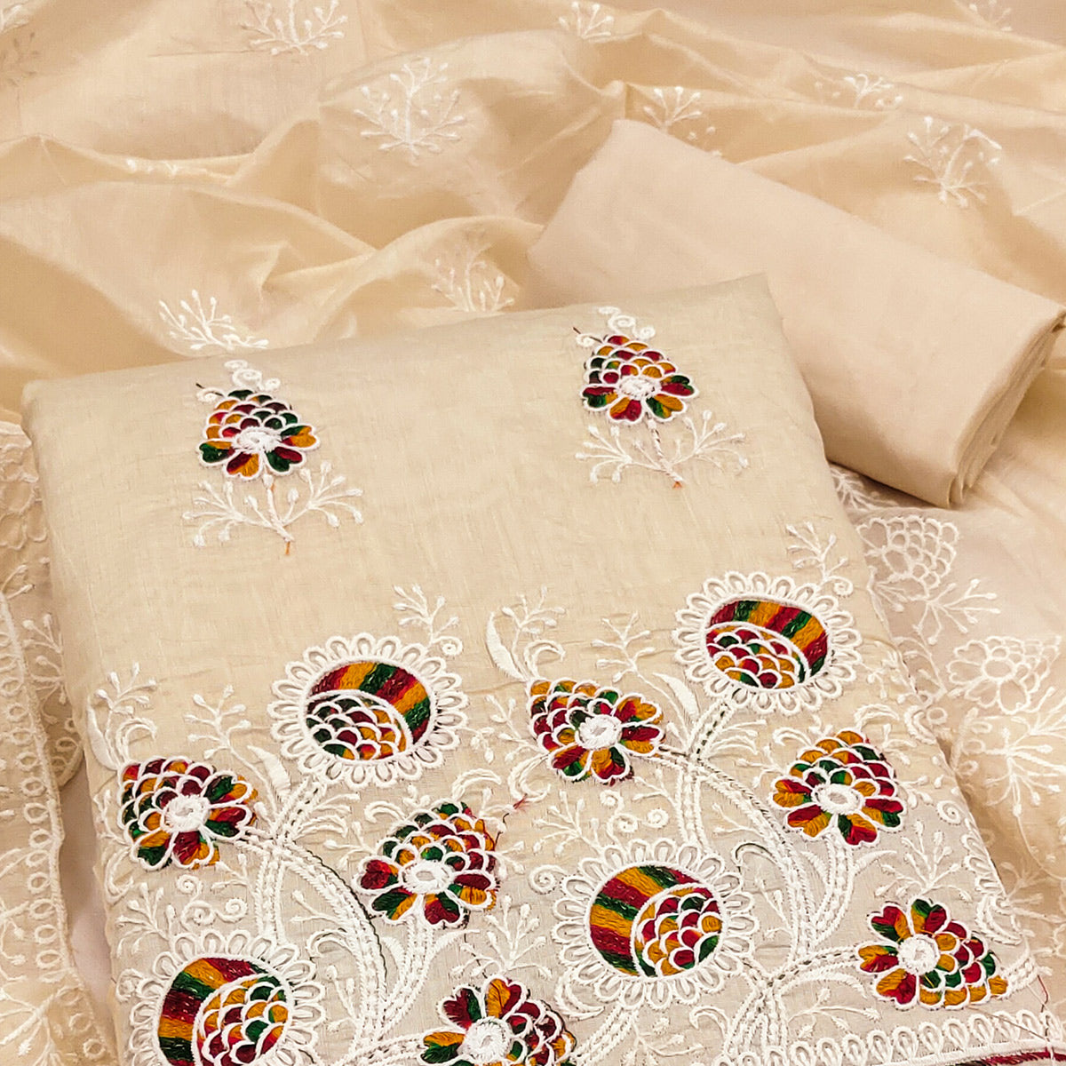 Cream Chanderi Cotton Dress Material with Elegant Floral Thread Embroidery