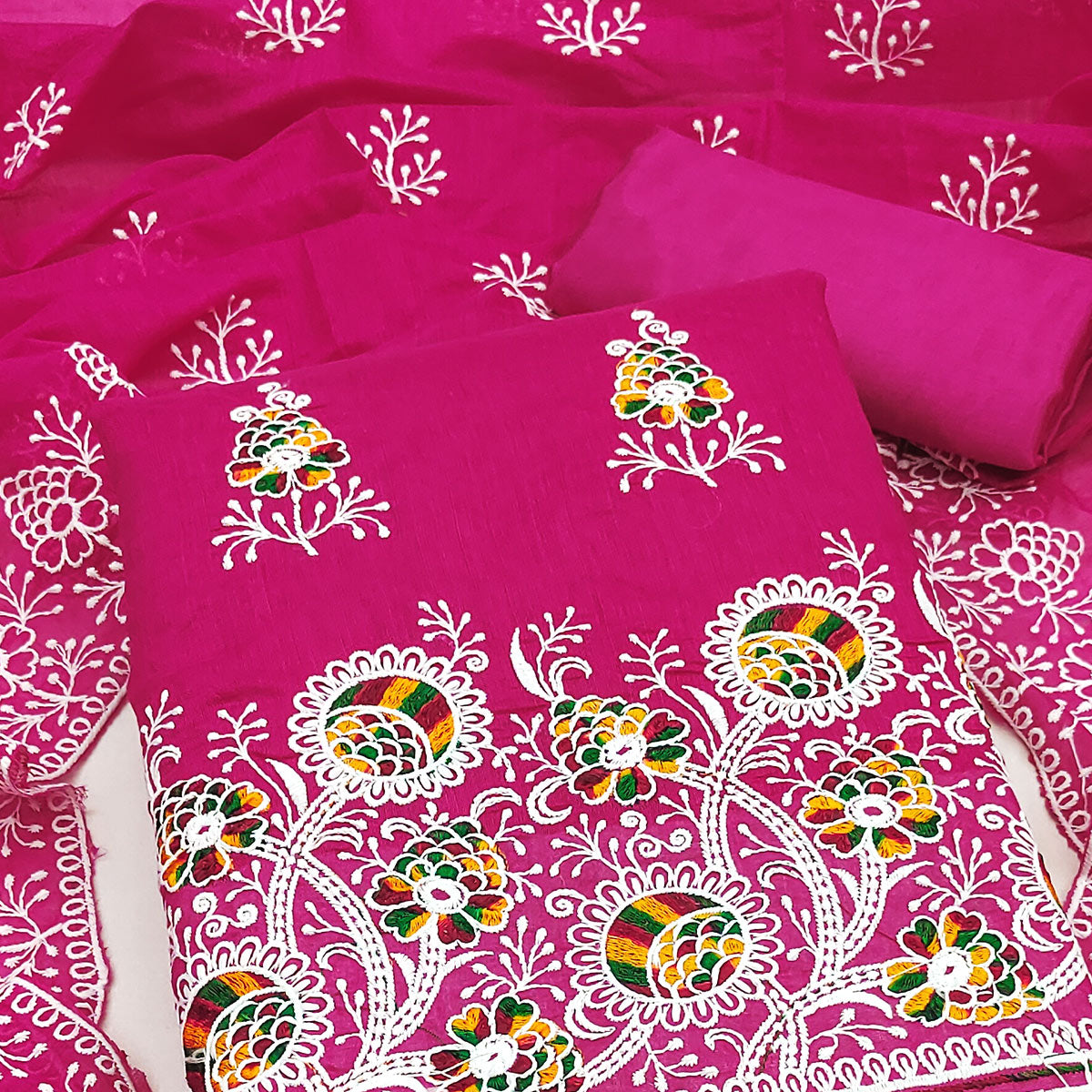 Rani Pink Chanderi Cotton Dress Material with Elegant Floral Thread Embroidery