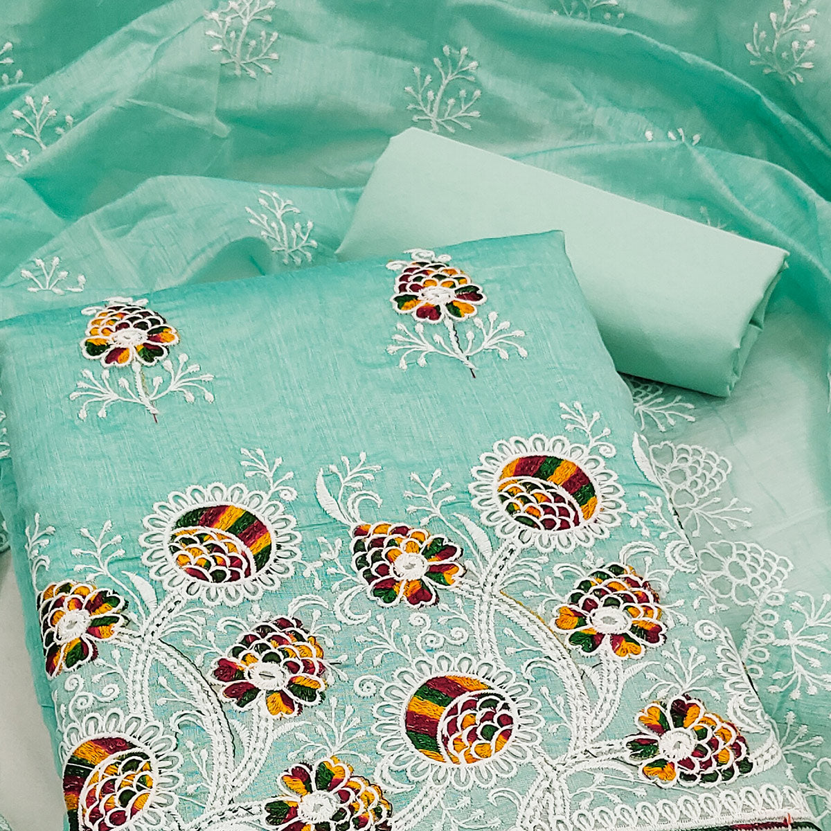 Turquoise Chanderi Cotton Dress Material with Elegant Floral Thread Embroidery